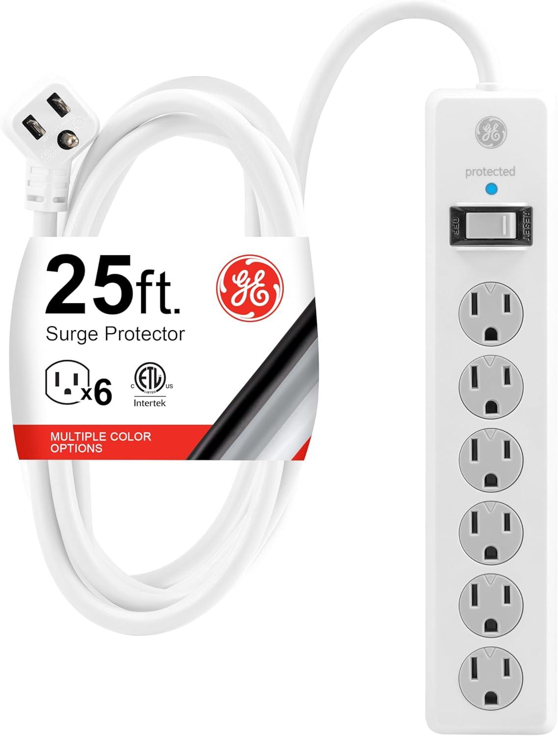 imageGE 6Outlet Surge Protector 4 Ft Extension Cord Power Strip 800 Joules Flat Plug TwisttoClose Safety Covers Protected Indicator Light UL Listed White 33658White