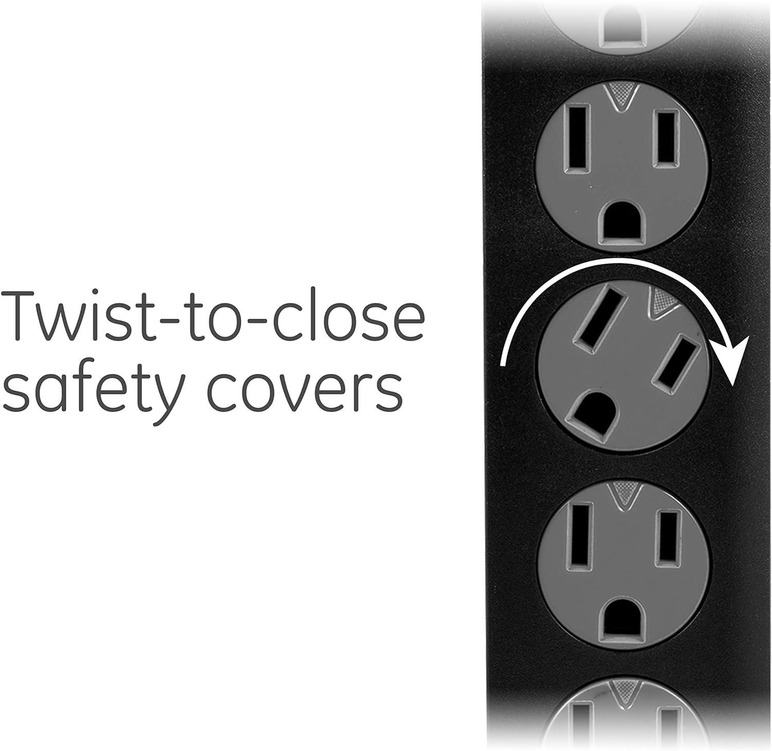 imageGE 6Outlet Surge Protector 4 Ft Extension Cord Power Strip 800 Joules Flat Plug TwisttoClose Safety Covers Protected Indicator Light UL Listed White 33658Black