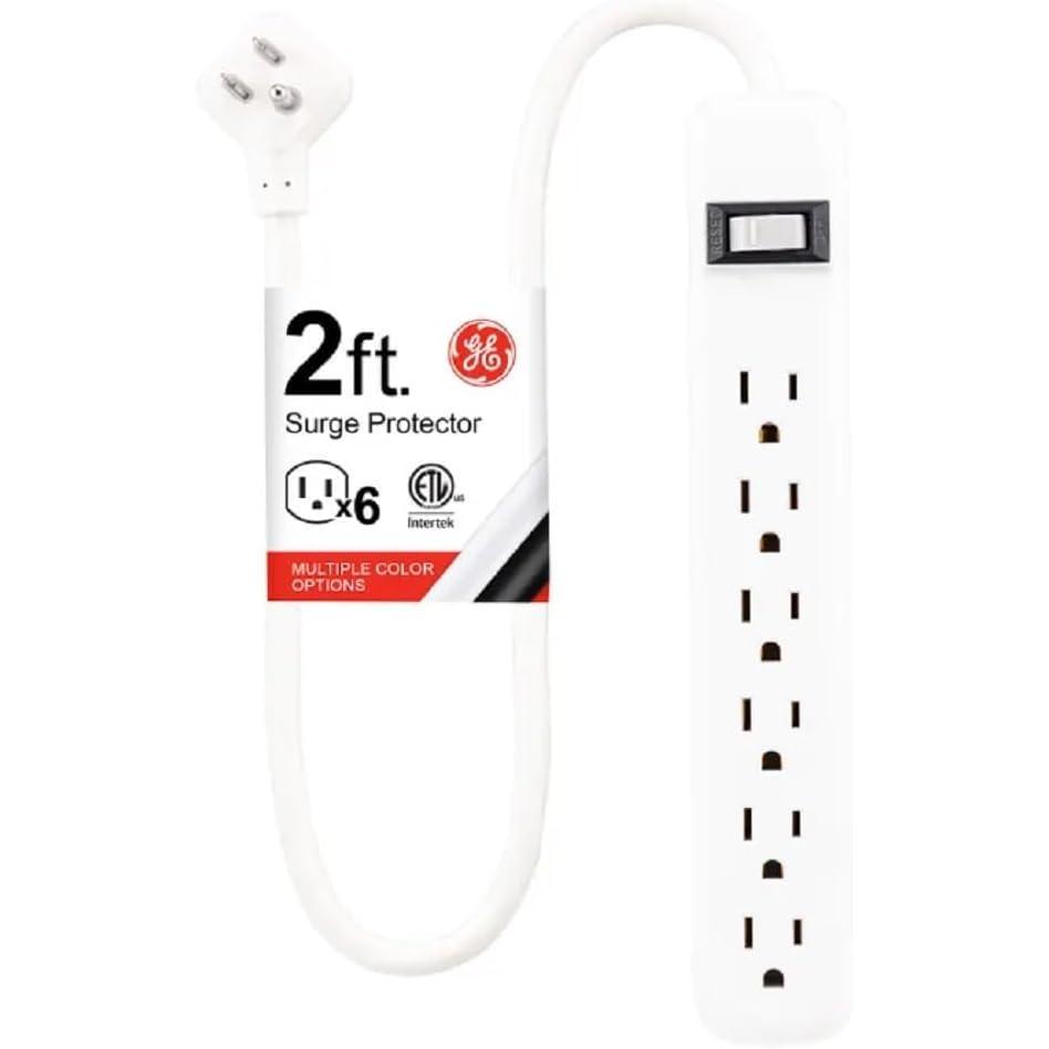 imageGE 6Outlet Surge Protector 4 Ft Extension Cord Power Strip 800 Joules Flat Plug TwisttoClose Safety Covers Protected Indicator Light UL Listed White 33658White