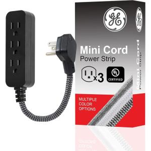 imageGE 3Outlet Power Strip Extension Cord with Multiple Outlets 8 Ft Braided Short Cord Extension Cord Grounded Flat Plug Extension Cord ETL Listed White 41282Black