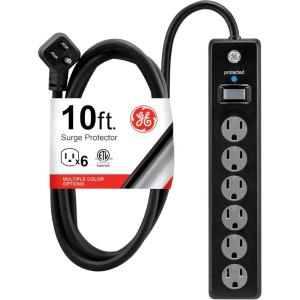 imageGE 6Outlet Surge Protector 10 Ft Extension Cord Power Strip 600 Joules TwisttoClose Safety Covers Protected Indicator Light UL Listed Black 37442Black