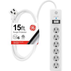 imageGE 6Outlet Surge Protector 15 Ft Extension Cord Power Strip 800 Joules Flat Plug TwisttoClose Safety Covers Protected Indicator Light UL Listed White 50768White