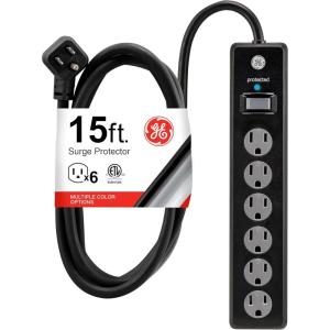 imageGE 6Outlet Surge Protector 15 Ft Extension Cord Power Strip 800 Joules Flat Plug TwisttoClose Safety Covers Protected Indicator Light UL Listed White 50768Black