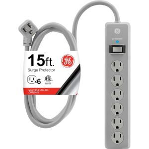 imageGE 6Outlet Surge Protector 4 Ft Extension Cord Power Strip 800 Joules Flat Plug TwisttoClose Safety Covers Protected Indicator Light UL Listed White 33658Gray