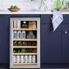 image:imageGE Wine Cooler amp Beverage Refrigerator  Mini Fridge With Lock amp Key Included  Complete With Oak Shelving Glass Exterior amp Warm Interior Lighting  Fits 109 Cans or 31 Wine Bottles  Stainless Steel