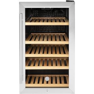 image:imageGE Wine Cooler amp Beverage Refrigerator  Mini Fridge With Lock amp Key Included  Complete With Oak Shelving Glass Exterior amp Warm Interior Lighting  Fits 109 Cans or 31 Wine Bottles  Stainless Steel