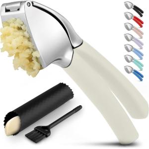 imageZulay Comfort Grip Garlic Press  Garlic Mincer Tool  Garlic Crusher  Garlic Press Mincer Rust Proof with Soft Ergonomic Handle Easy Clean Set with Peeler and BrushBlizzard White