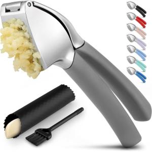 imageZulay Comfort Grip Garlic Press  Garlic Mincer Tool  Garlic Crusher  Garlic Press Mincer Rust Proof with Soft Ergonomic Handle Easy Clean Set with Peeler and BrushFog Gray