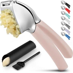 imageZulay Comfort Grip Garlic Press  Garlic Mincer Tool  Garlic Crusher  Garlic Press Mincer Rust Proof with Soft Ergonomic Handle Easy Clean Set with Peeler and BrushPetal Pink