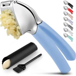 imageZulay Comfort Grip Garlic Press  Garlic Mincer Tool  Garlic Crusher  Garlic Press Mincer Rust Proof with Soft Ergonomic Handle Easy Clean Set with Peeler and BrushPowder Blue