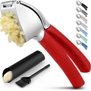 imageZulay Comfort Grip Garlic Press  Garlic Mincer Tool  Garlic Crusher  Garlic Press Mincer Rust Proof with Soft Ergonomic Handle Easy Clean Set with Peeler and BrushCrimson Red