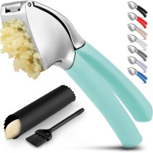 imageZulay Comfort Grip Garlic Press  Garlic Mincer Tool  Garlic Crusher  Garlic Press Mincer Rust Proof with Soft Ergonomic Handle Easy Clean Set with Peeler and BrushBreeze Blue