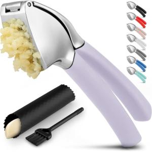 imageZulay Comfort Grip Garlic Press  Garlic Mincer Tool  Garlic Crusher  Garlic Press Mincer Rust Proof with Soft Ergonomic Handle Easy Clean Set with Peeler and BrushDusty Lavender