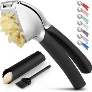 imageZulay Comfort Grip Garlic Press  Garlic Mincer Tool  Garlic Crusher  Garlic Press Mincer Rust Proof with Soft Ergonomic Handle Easy Clean Set with Peeler and BrushCharcoal Black