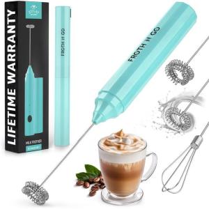 imageZulay Froth N Go Milk Frother Rechargeable  3in1 Frother Wand With Case ampamp USBC Charger  Comes With 3 Whisk Attachments for Latte Cappuccino Matcha Protein Shakes  CloudAqua
