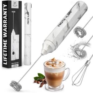 imageZulay Froth N Go Milk Frother Rechargeable  3in1 Frother Wand With Case ampamp USBC Charger  Comes With 3 Whisk Attachments for Latte Cappuccino Matcha Protein Shakes  CloudWhite Marble
