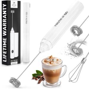 imageZulay Froth N Go Milk Frother Rechargeable  3in1 Frother Wand With Case ampamp USBC Charger  Comes With 3 Whisk Attachments for Latte Cappuccino Matcha Protein Shakes  CloudBlizzard White