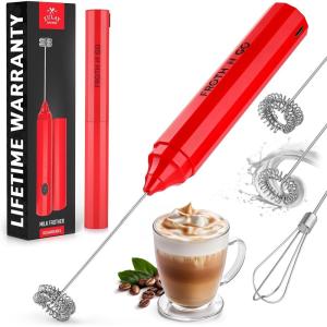 imageZulay Froth N Go Milk Frother Rechargeable  3in1 Frother Wand With Case ampamp USBC Charger  Comes With 3 Whisk Attachments for Latte Cappuccino Matcha Protein Shakes  CloudCardinal Red