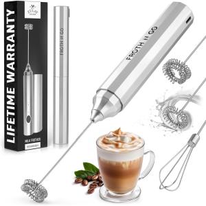 imageZulay Froth N Go Milk Frother Rechargeable  3in1 Frother Wand With Case ampamp USBC Charger  Comes With 3 Whisk Attachments for Latte Cappuccino Matcha Protein Shakes  CloudShiny Silver