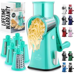 imageZulay Kitchen Rotary Cheese Grater 5 Blade Cheese Shredder  Manual Hand Crank Cheese Grater With Reinforced Suction ampamp 5 Interchangeable Drums  Easy to Use Vegetable Chopper Round Mandoline SlicerCalm Teal