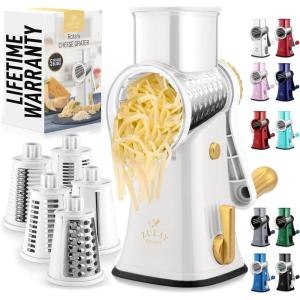 imageZulay Kitchen Rotary Cheese Grater 5 Blade Cheese Shredder  Manual Hand Crank Cheese Grater With Reinforced Suction ampamp 5 Interchangeable Drums  Easy to Use Vegetable Chopper Round Mandoline SlicerChampagne Frost