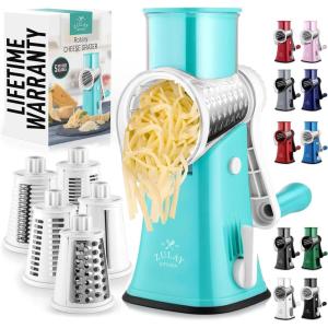 imageZulay Kitchen Rotary Cheese Grater 5 Blade Cheese Shredder  Manual Hand Crank Cheese Grater With Reinforced Suction ampamp 5 Interchangeable Drums  Easy to Use Vegetable Chopper Round Mandoline SlicerIcy Breeze