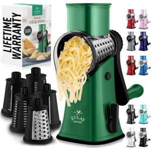 imageZulay Kitchen Rotary Cheese Grater 5 Blade Cheese Shredder  Manual Hand Crank Cheese Grater With Reinforced Suction ampamp 5 Interchangeable Drums  Easy to Use Vegetable Chopper Round Mandoline SlicerJade Night
