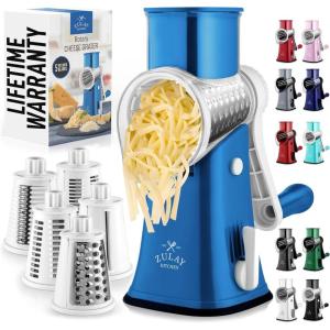 imageZulay Kitchen Rotary Cheese Grater 5 Blade Cheese Shredder  Manual Hand Crank Cheese Grater With Reinforced Suction ampamp 5 Interchangeable Drums  Easy to Use Vegetable Chopper Round Mandoline SlicerHeavenly Blue