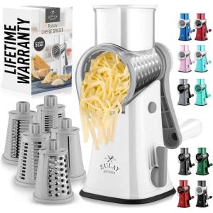 imageZulay Kitchen Rotary Cheese Grater 5 Blade Cheese Shredder  Manual Hand Crank Cheese Grater With Reinforced Suction ampamp 5 Interchangeable Drums  Easy to Use Vegetable Chopper Round Mandoline SlicerFrosted White
