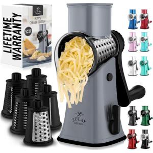 imageZulay Kitchen Rotary Cheese Grater 5 Blade Cheese Shredder  Manual Hand Crank Cheese Grater With Reinforced Suction ampamp 5 Interchangeable Drums  Easy to Use Vegetable Chopper Round Mandoline SlicerGraphite Storm