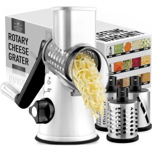 imageZulay Kitchen Rotary Cheese Grater 5 Blade Cheese Shredder  Manual Hand Crank Cheese Grater With Reinforced Suction ampamp 5 Interchangeable Drums  Easy to Use Vegetable Chopper Round Mandoline SlicerPanda White