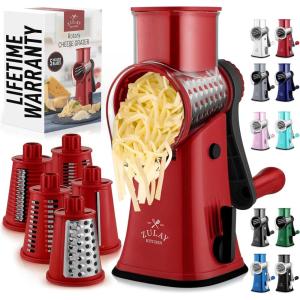 imageZulay Kitchen Rotary Cheese Grater 5 Blade Cheese Shredder  Manual Hand Crank Cheese Grater With Reinforced Suction ampamp 5 Interchangeable Drums  Easy to Use Vegetable Chopper Round Mandoline SlicerDeep Maroon