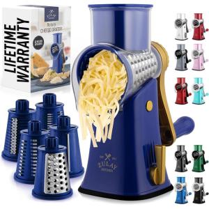 imageZulay Kitchen Rotary Cheese Grater 5 Blade Cheese Shredder  Manual Hand Crank Cheese Grater With Reinforced Suction ampamp 5 Interchangeable Drums  Easy to Use Vegetable Chopper Round Mandoline SlicerBlue Gold