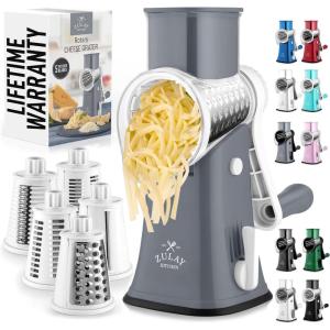 imageZulay Kitchen Rotary Cheese Grater 5 Blade Cheese Shredder  Manual Hand Crank Cheese Grater With Reinforced Suction ampamp 5 Interchangeable Drums  Easy to Use Vegetable Chopper Round Mandoline SlicerCloud Whisper
