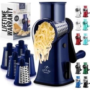 imageZulay Kitchen Rotary Cheese Grater 5 Blade Cheese Shredder  Manual Hand Crank Cheese Grater With Reinforced Suction ampamp 5 Interchangeable Drums  Easy to Use Vegetable Chopper Round Mandoline SlicerCrystal Sapphire