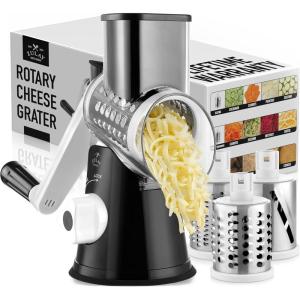 imageZulay Kitchen Rotary Cheese Grater 5 Blade Cheese Shredder  Manual Hand Crank Cheese Grater With Reinforced Suction ampamp 5 Interchangeable Drums  Easy to Use Vegetable Chopper Round Mandoline SlicerJet Black