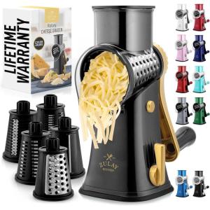 imageZulay Kitchen Rotary Cheese Grater 5 Blade Cheese Shredder  Manual Hand Crank Cheese Grater With Reinforced Suction ampamp 5 Interchangeable Drums  Easy to Use Vegetable Chopper Round Mandoline SlicerBlack Royale