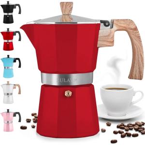 imageZulay Premium Moka Pot Espresso  LeakProof Stovetop Espresso Maker  Perfect for Authentic Cuban ampamp Italian Style Espresso  Makes 3 Espresso Cups  SilverRed with Wooden Handle