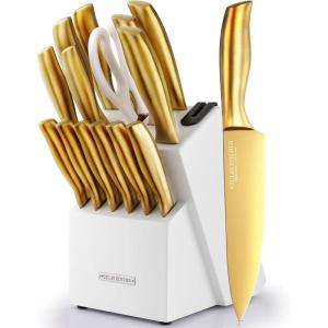 imageZulay 15 Piece Stainless Steel Knife Set with Block and Sharpener  Sharp Knife Block Set with Built In Sharpener  Kitchen Knife Set With Block  Rust Proof Knife Set Stainless SteelIvoryGold  Stainless Steel