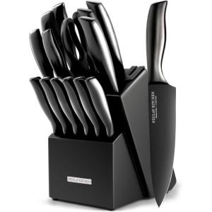 imageZulay 15 Piece Stainless Steel Knife Set with Block and Sharpener  Sharp Knife Block Set with Built In Sharpener  Kitchen Knife Set With Block  Rust Proof Knife Set Stainless SteelObsidian Black  Stainless Steel