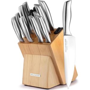 imageZulay 15 Piece Stainless Steel Knife Set with Block and Sharpener  Sharp Knife Block Set with Built In Sharpener  Kitchen Knife Set With Block  Rust Proof Knife Set Stainless SteelNatural Maple  Stainless Steel