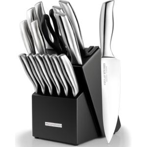 imageZulay 15 Piece Stainless Steel Knife Set with Block and Sharpener  Sharp Knife Block Set with Built In Sharpener  Kitchen Knife Set With Block  Rust Proof Knife Set Stainless SteelNight Black  Stainless Steel