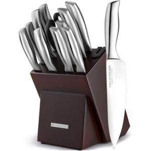 imageZulay 15 Piece Stainless Steel Knife Set with Block and Sharpener  Sharp Knife Block Set with Built In Sharpener  Kitchen Knife Set With Block  Rust Proof Knife Set Stainless SteelDark Walnut  Stainless Steel