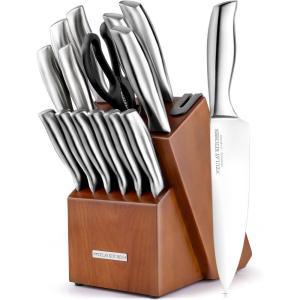 imageZulay 15 Piece Stainless Steel Knife Set with Block and Sharpener  Sharp Knife Block Set with Built In Sharpener  Kitchen Knife Set With Block  Rust Proof Knife Set Stainless SteelLight Walnut  Stainless Steel