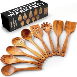 imageZulay Kitchen ExtraLarge 5Piece Wooden Spoon Set for Cooking  Smooth Teak Wooden Utensils  ComfortGrip NonStick Wooden Cooking Spoons  Large Wooden Turner Spatula Skimmer Fork Serving Spoon9Piece Set