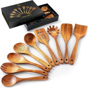 imageZulay Kitchen ExtraLarge 5Piece Wooden Spoon Set for Cooking  Smooth Teak Wooden Utensils  ComfortGrip NonStick Wooden Cooking Spoons  Large Wooden Turner Spatula Skimmer Fork Serving SpoonWooden Cooking Utensils