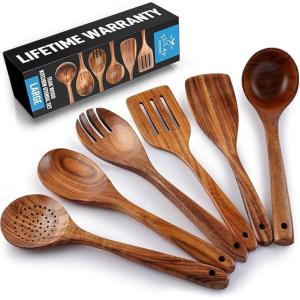 imageZulay Kitchen ExtraLarge 5Piece Wooden Spoon Set for Cooking  Smooth Teak Wooden Utensils  ComfortGrip NonStick Wooden Cooking Spoons  Large Wooden Turner Spatula Skimmer Fork Serving SpoonLarge 6Piece Set