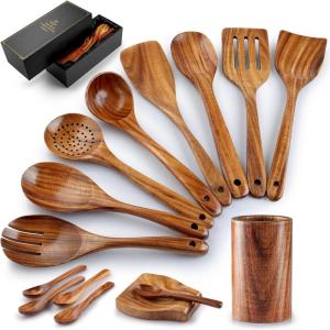 imageZulay Kitchen ExtraLarge 5Piece Wooden Spoon Set for Cooking  Smooth Teak Wooden Utensils  ComfortGrip NonStick Wooden Cooking Spoons  Large Wooden Turner Spatula Skimmer Fork Serving Spoon15 Piece SetGift Box