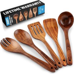 imageZulay Kitchen ExtraLarge 5Piece Wooden Spoon Set for Cooking  Smooth Teak Wooden Utensils  ComfortGrip NonStick Wooden Cooking Spoons  Large Wooden Turner Spatula Skimmer Fork Serving SpoonLarge 5 PieceSet
