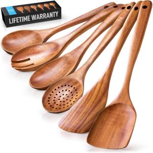 imageZulay Kitchen ExtraLarge 5Piece Wooden Spoon Set for Cooking  Smooth Teak Wooden Utensils  ComfortGrip NonStick Wooden Cooking Spoons  Large Wooden Turner Spatula Skimmer Fork Serving Spoon6 Piece Set